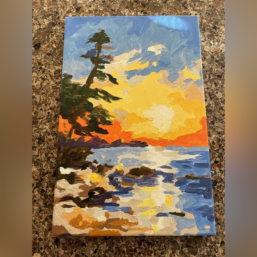 New hand painted by me acrylic on canvas painting orange sunset lakeside views
